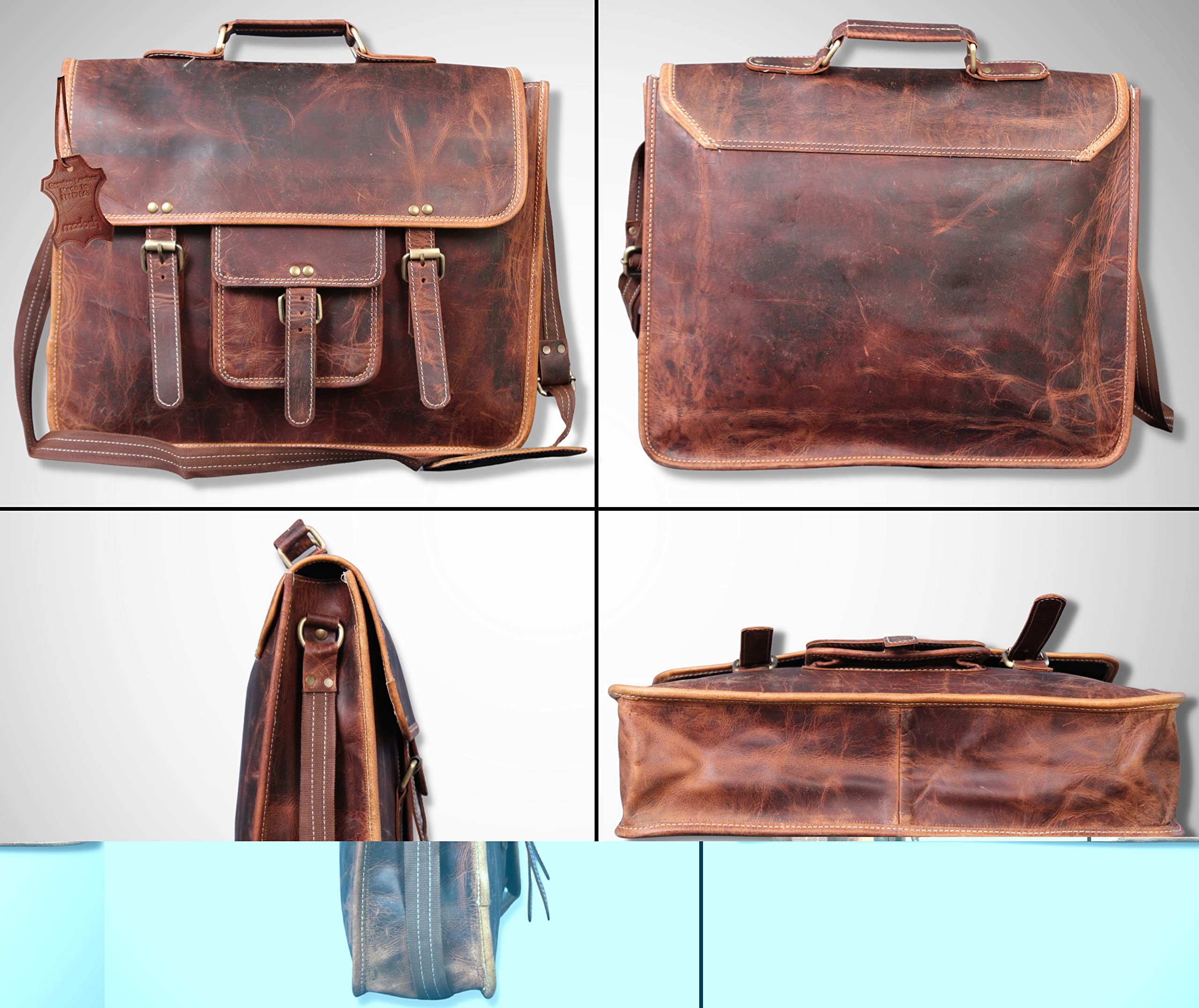  Genuine Buffalo Leather Briefcase Bag Men's Messenger Brown Work Laptop Bag